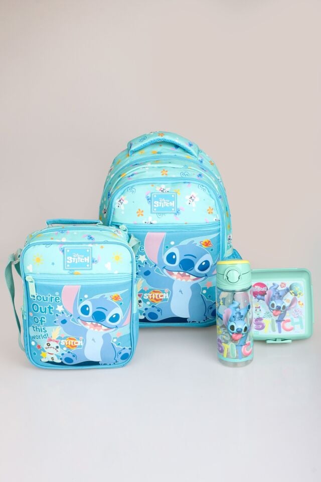 ''DEKOMUS CEP DEFTERİ HEDİYELİ'' LİSANSLI STITCH ''GALAXY POP KOLEKSİYONU'' OKUL ÇANTASI,TERMOSLU BESLENME ÇANTASI,500 ML MATARA VE BESLENME KABI SETİ