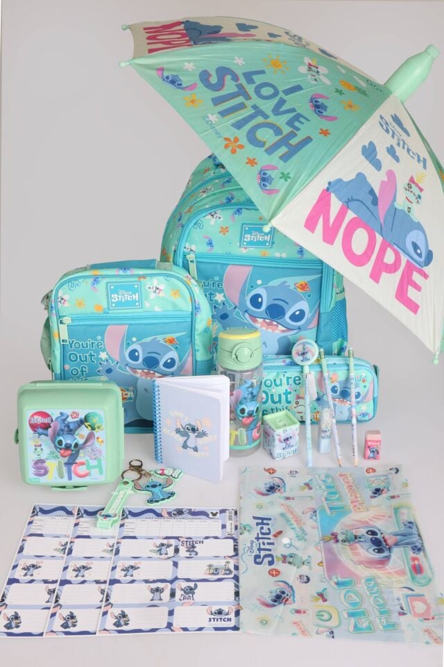 ''DEKOMUS İLE LİSANSLI STITCH ''GALAXY POP KOLEKSİYONU'' FULL KIRTASİYE OKUL SETİ ŞEMSİYE,OKUL ÇANTASI,TERMOSLU BESLENME ÇANTASI,500 ML MATARA VE BESLENME KABI SETİ