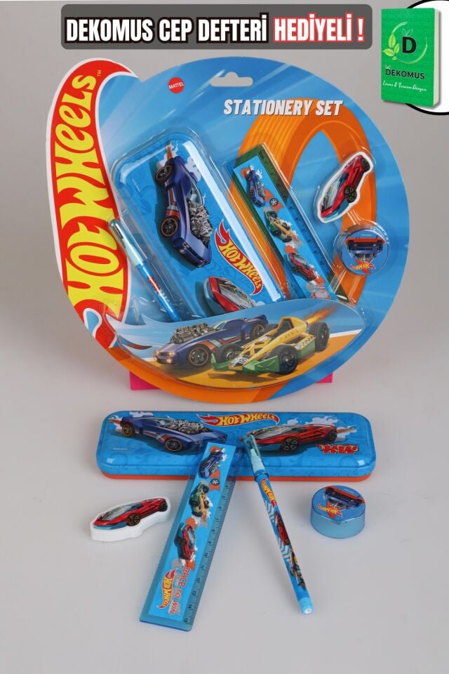 x Dekomus Lisanslı Hotwheels Özel Tasarımlı 5'li Kırtasiye Seti Metal Kalem Kutusu,Cetvel,Kalem