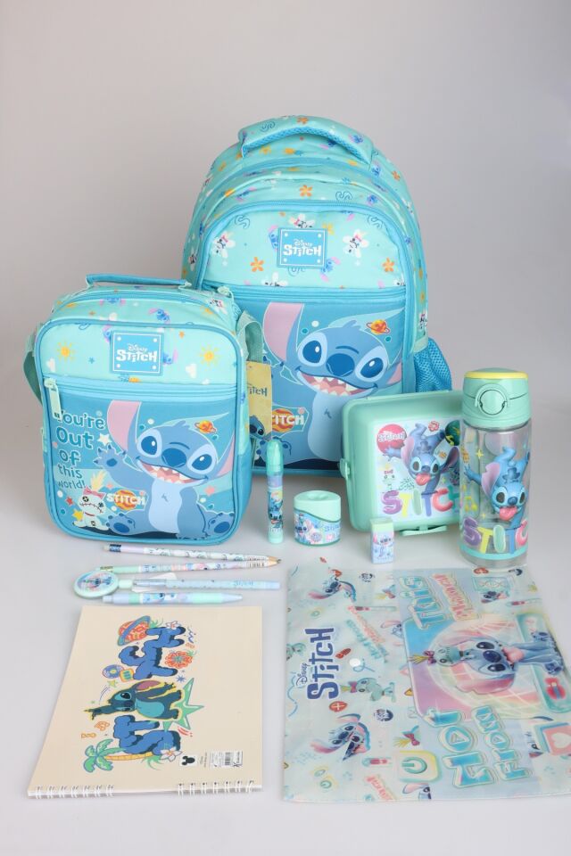 ''DEKOMUS İLE LİSANSLI STITCH ''GALAXY POP KOLEKSİYONU'' FULL KIRTASİYE OKUL SETİ OKUL ÇANTASI,TERMOSLU BESLENME ÇANTASI,500 ML MATARA VE BESLENME KABI SETİ