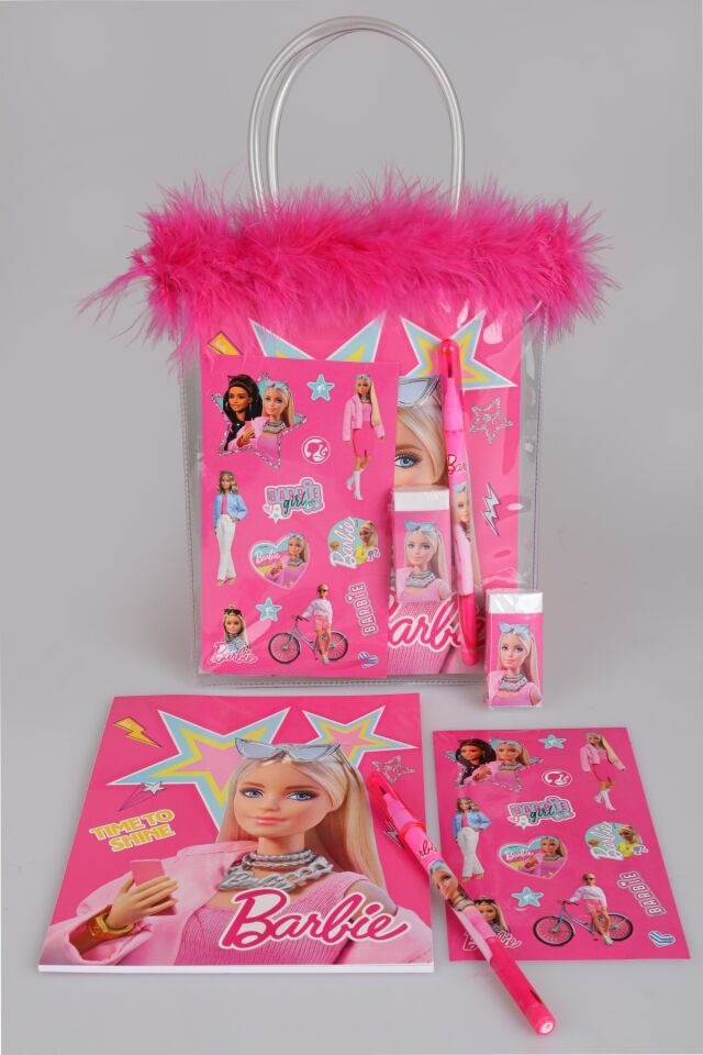 x Dekomus Lisanslı Barbie Tüylü Çanta 5'li Kırtasiye Seti Defter,Sticker,Geçmeli Kalem