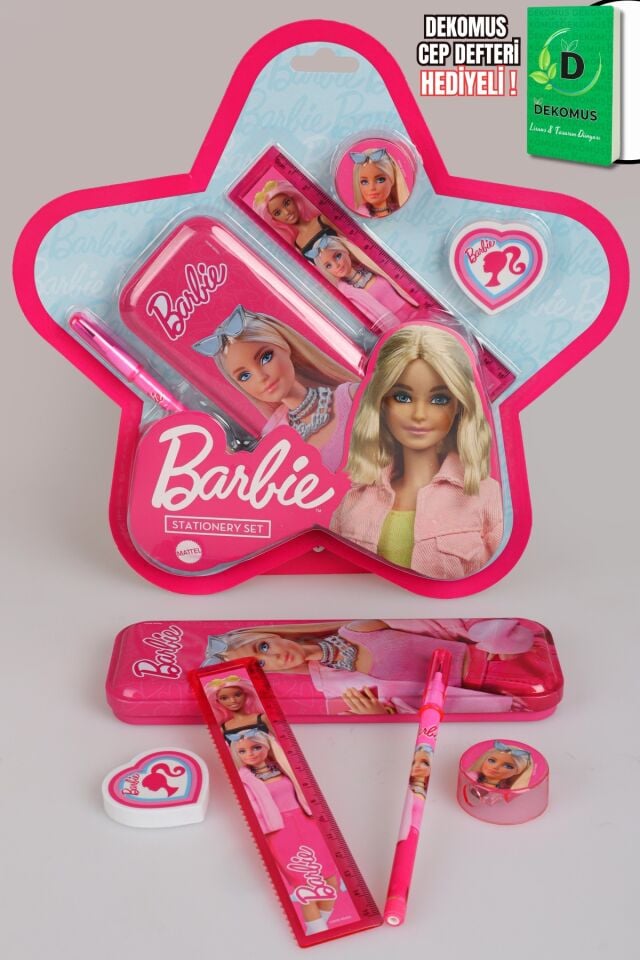 x Dekomus Lisanslı Barbie Yıldız Tasarımlı 5'li Kırtasiye Seti Metal Kalem Kutusu,Cetvel,Kalem