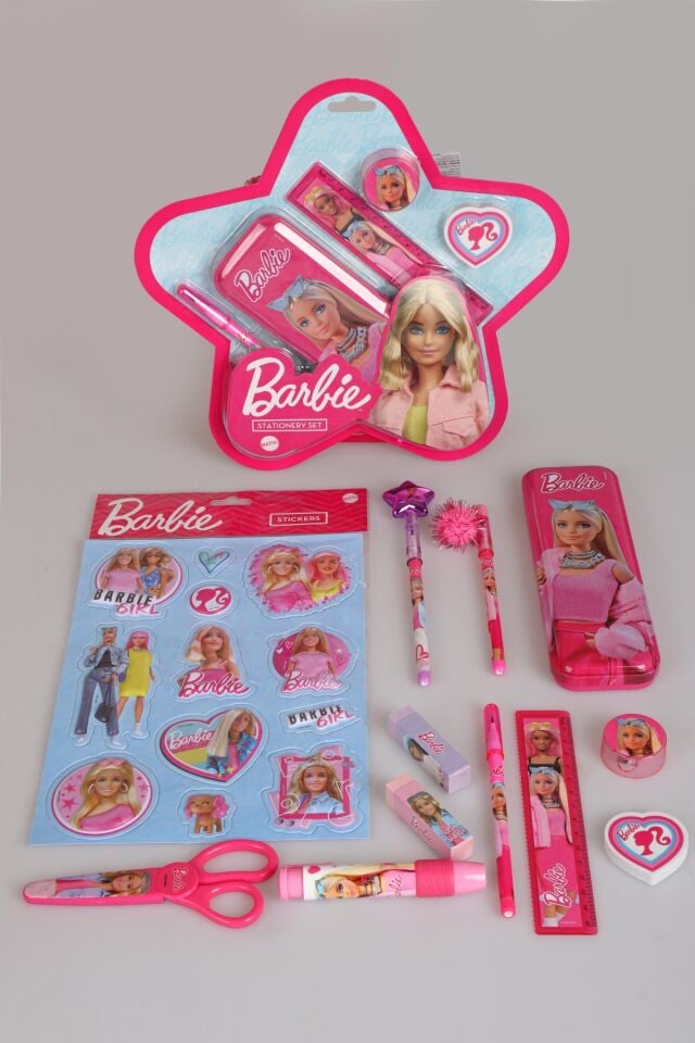 x Dekomus Lisanslı Barbie 12 Parça Kırtasiye Seti Kalem Kutusu,Ponponlu Geçmeli Kalem,Ponponlu Geçmeli Kalem ve Basmalı Silgi Seti