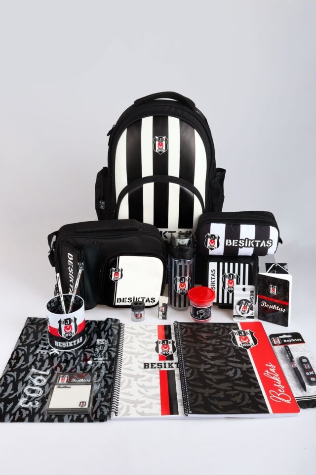 x Dekomus Lisanslı Beşiktaş FullKIrtasiye Seti Çubuklu Okul Çantası,Beslenme Çantası,Kalem Çantası,Matara,Beslenme Kabı