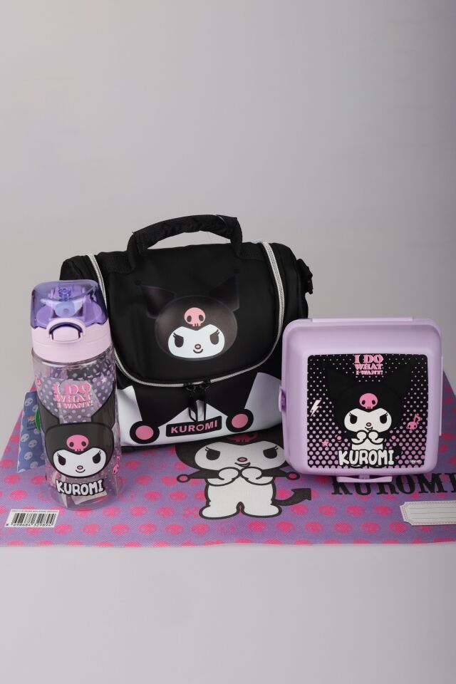 x Dekomus Lisanslı Kuromi Dark Delight Collection Beslenme Çantası,Beslenme Kabı,Matara ve Beslenme Örtüsü Seti