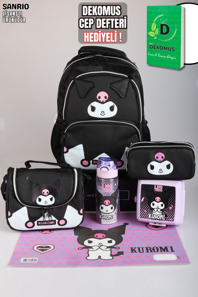 x Dekomus Lisanslı Kuromi Dark Delight Collection Okul,Beslenme ve Kalem Çantası,Beslenme Kabı,Matara ve Beslenme Örtüsü Seti