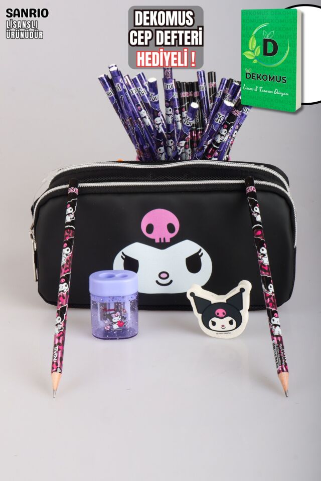 x Dekomus Lisanslı Kuromi Dark Delight Collection Kalem Çantası,2 Adet Kurşun Kalem,Silgi,Kalemtraş Seti