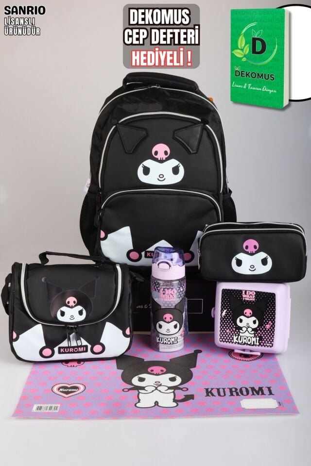 x Dekomus Lisanslı Kuromi Dark Delight Collection Okul ve Kalem Çantası,Beslenme Kabı,Matara ve Beslenme Örtüsü Seti