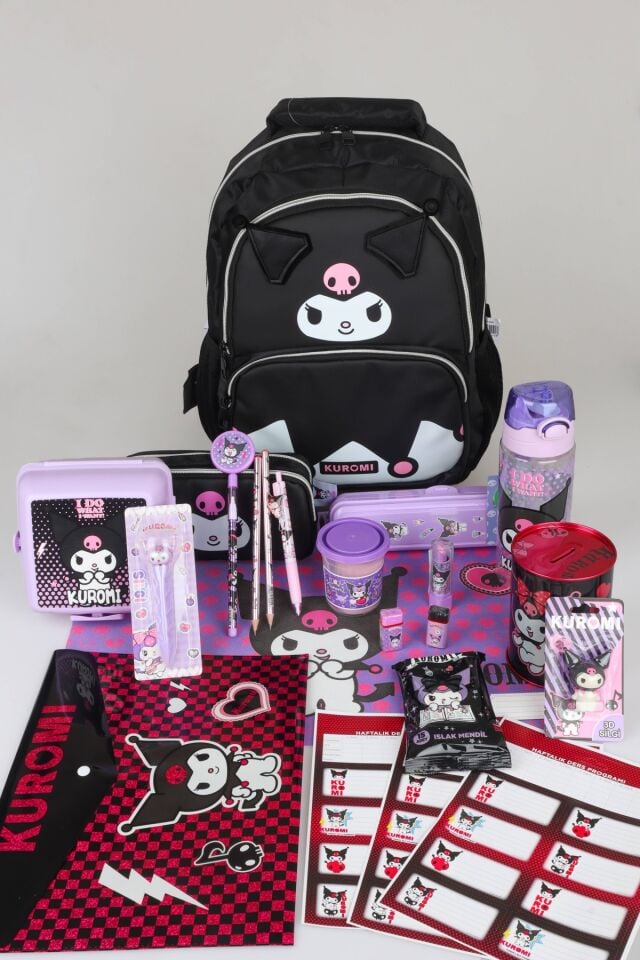 x Dekomus Lisanslı Kuromi Dark Delight Collection Full Kırtasiye Seti Okul ve Kalem Çantası,Beslenme Kabı,Matara