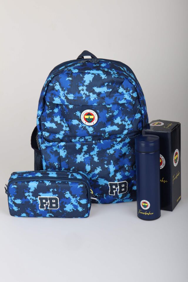 x Dekomus Lisanslı Fenerbahçe Kamuflaj Büyük Boy Lise Okul Çantası,Kalem Çantası ve 500 ML Çelik Termos Seti
