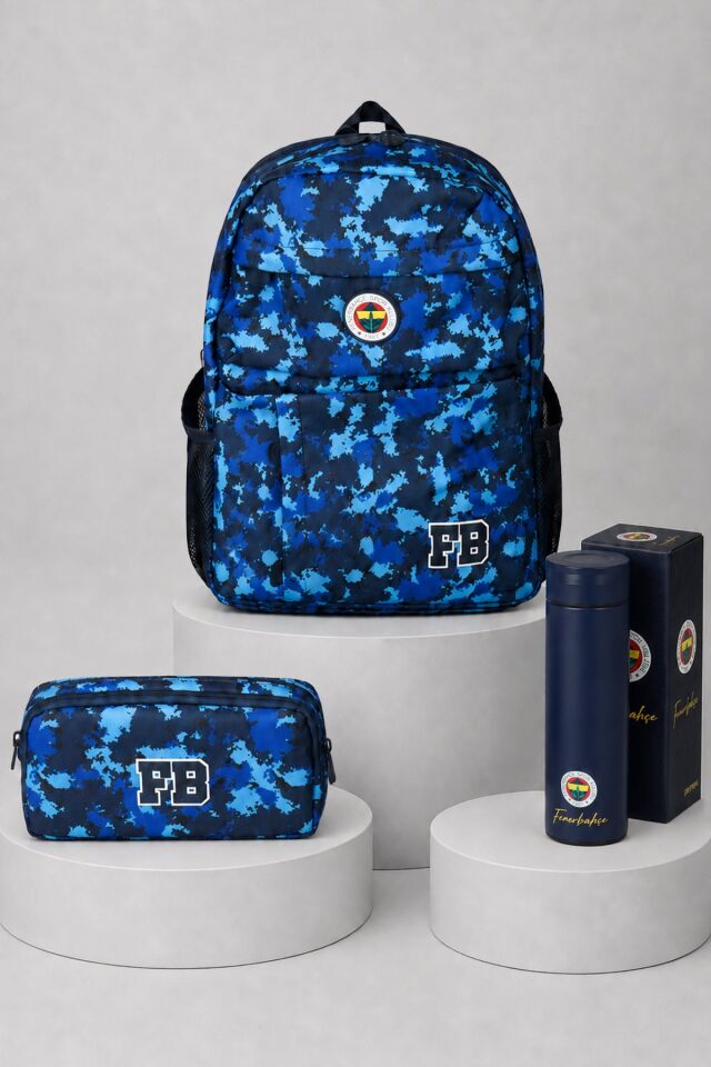 Lisanslı Fenerbahçe Kamuflaj Büyük Boy Lise Okul Çantası,Kalem Çantası ve 500 ML Çelik Termos Seti