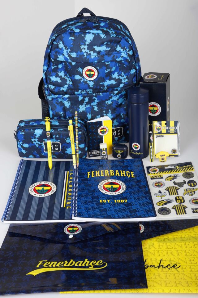 x Dekomus Lisanslı Fenerbahçe Full Kırtasiye Seti Kamuflaj Büyük Boy Lise Okul Çantası,Kalem Çantası ve 500 ML Çelik Termos Seti
