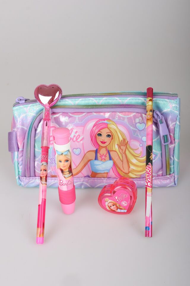 x Dekomus Lisanslı Barbie Deniz Kızı Collection Kalem Çantası,Parlak Geçmeli Kalem,Roket Silgi,Kalpli Kalemtraş ve Kurşun Kalem Seti