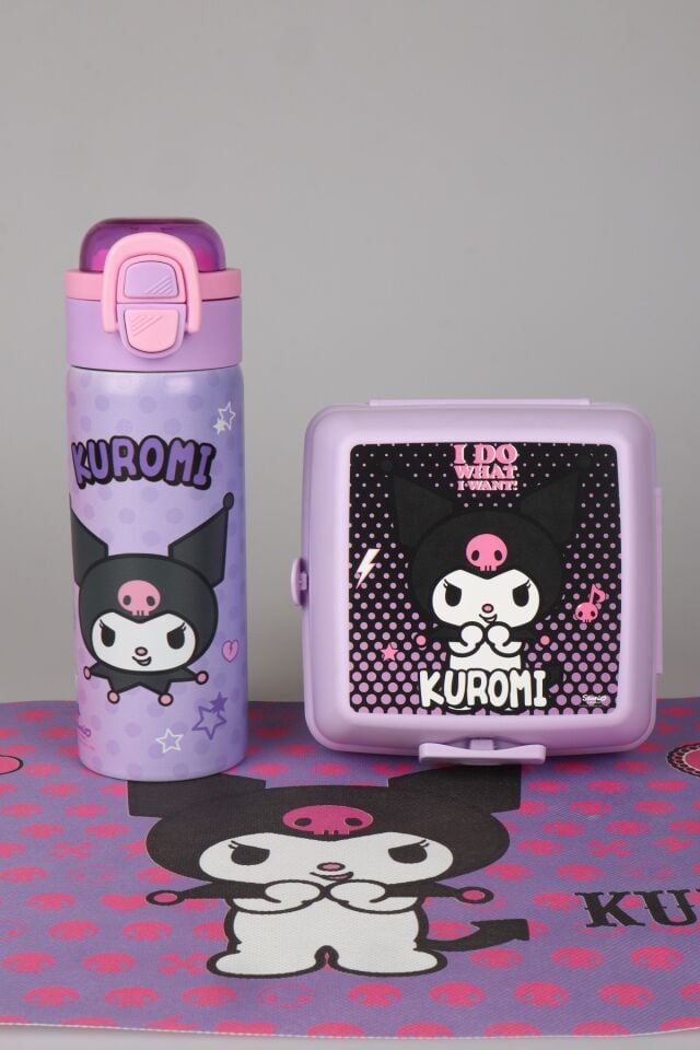 x Dekomus Lisanslı Kuromi Dark Delight Collection 600 ML Çelik Matara,Beslenme Kabı,Beslenme Örtüsü Seti