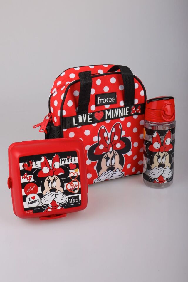DEKOMUS İLE YENİ SEZON LİSANSLI MINNIE MOUSE BESLENME ÇANTASI,BESLENME KABI VE TRITAN MATARA 500 ML BESLENME SETİ