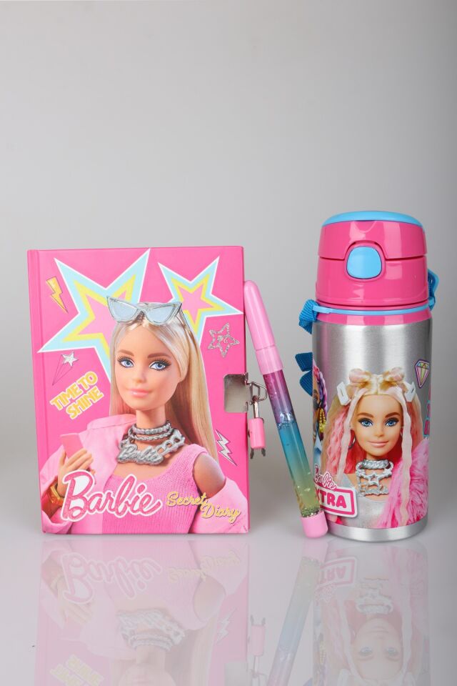 x Dekomus Lisanslı Barbie Hatıra Defteri,Simli Kalem ve 500 ML Matara Seti