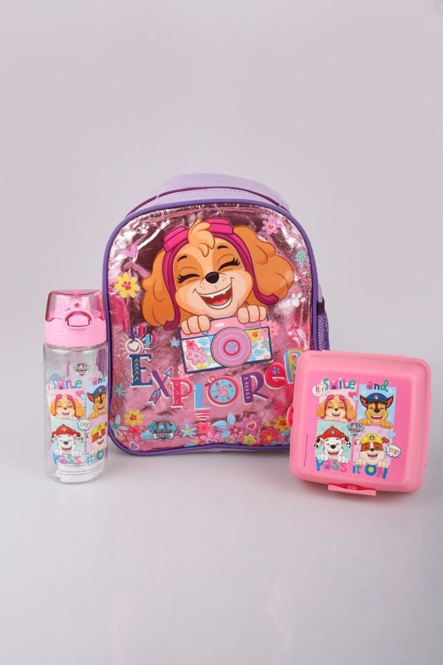 DEKOMUS İLE YENİ SEZON LİSANSLI PAW PATROL 32 CM TEK BÖLMELİ KÜÇÜK BOY ANAOKUL ÇANTASI,BESLENME KABI VE 500 ML MATARA SETİ