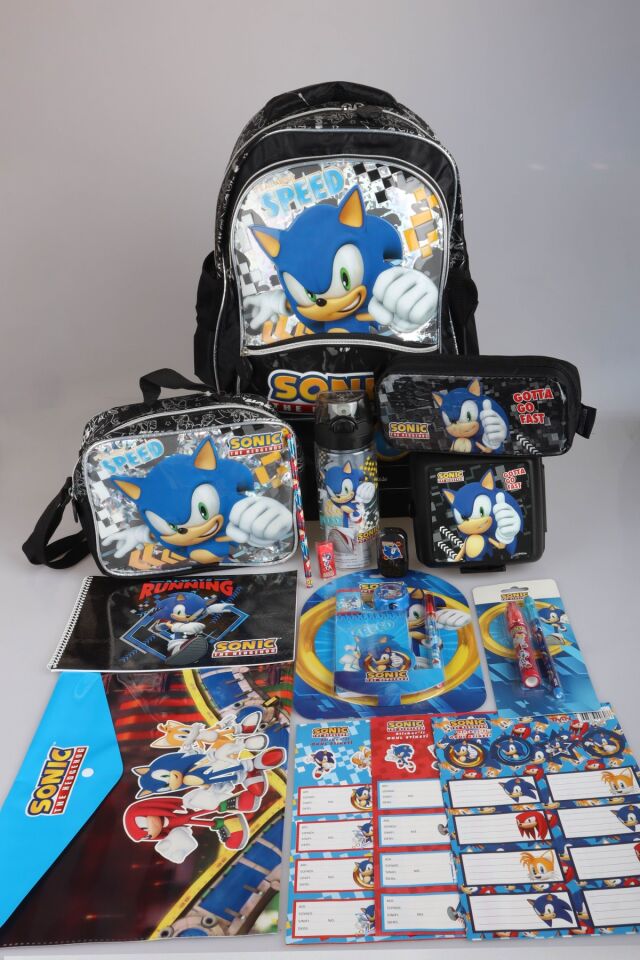 DEKOMUS İLE LİSANSLI SONIC OKUL,BESLENME VE KALEM ÇANTASI,MATARA KIRTASİYE SETİ