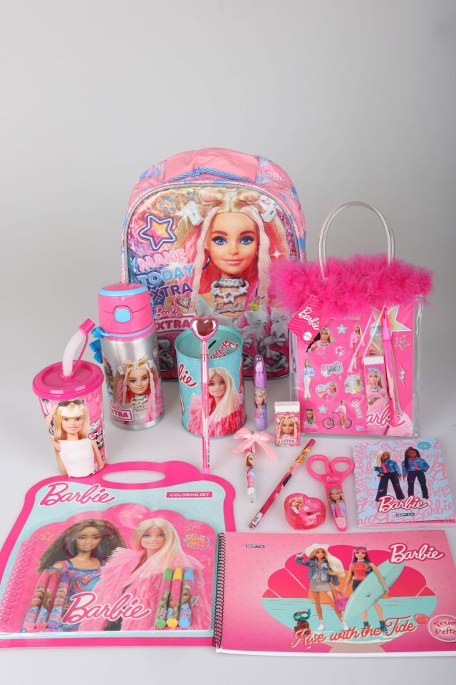 x Dekomus Lisanslı Barbie Extra Glam Collection Kırtasiye ve Hobi Seti Tek Bölmeli Küçük Boy 35 Cm Anaokul Çantası,500 ML Matara,Uçlu Kalem,Kumbara Seti