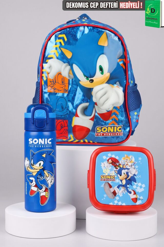 YENİ SEZON LİSANSLI SONIC TEK BÖLMELİ KÜÇÜK BOY 32 CM ANAOKUL ÇANTASI, BESLENME KABI VE ÇELİK MATARA OKUL SETİ