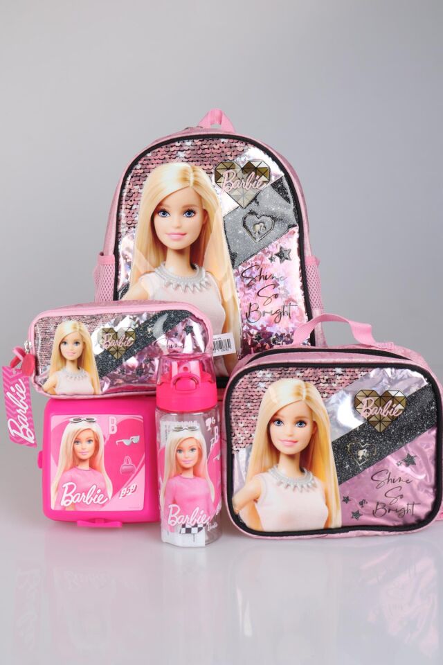 LİSANSLI BARBIE TEK BÖLMELİ KÜÇÜK BOY 32 CM ANAOKUL,KALEM VE BESLENME ÇANTASI,MATARA İLE BESLENME KABI SETİ