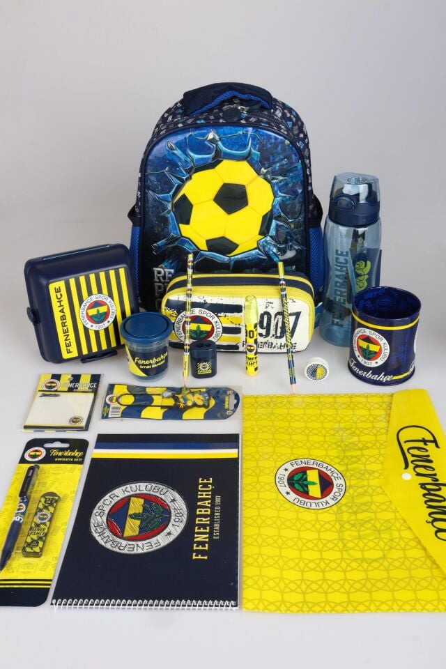 DEKOMUS İLE FENERBAHÇE TEK BÖLMELİ KÜÇÜK BOY 32 CM ANAOKUL ÇANTASI,BESLENME KABI,700 ML MATARA İLE FULL OKUL KIRTASİYE SETİ