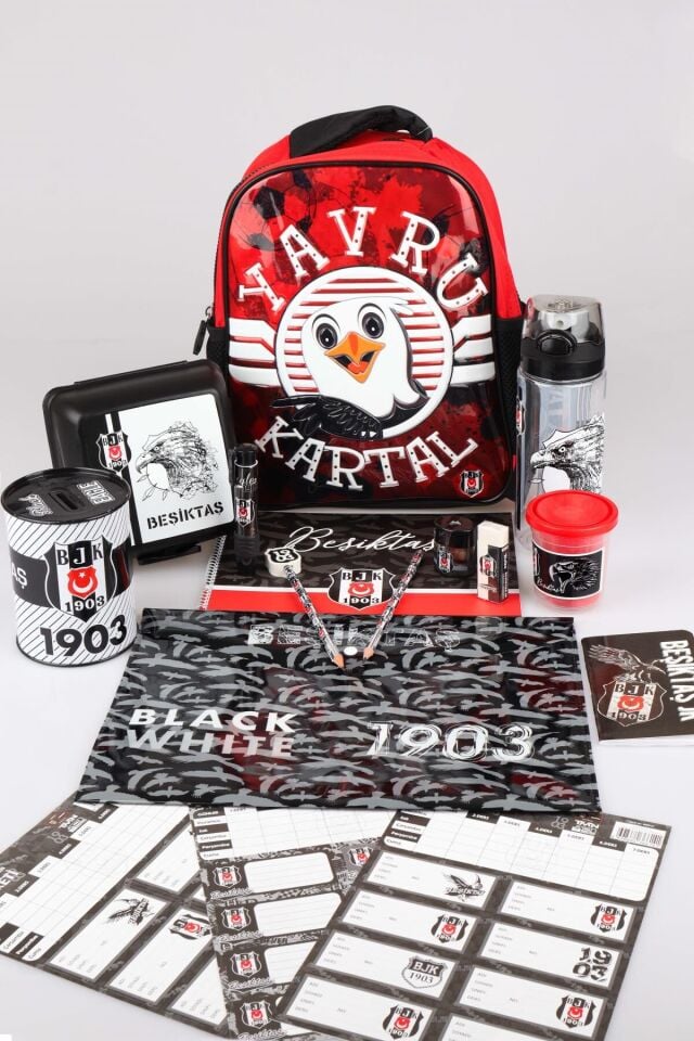 LİSANSLI BEŞİKTAŞ ''YAVRU KARTAL'' TEK BÖLMELİ KÜÇÜK BOY 32 CM ANAOKUL ÇANTASI,BESLENME KABI,500 ML MATARA İLE FULL KIRTASİYE SETİ