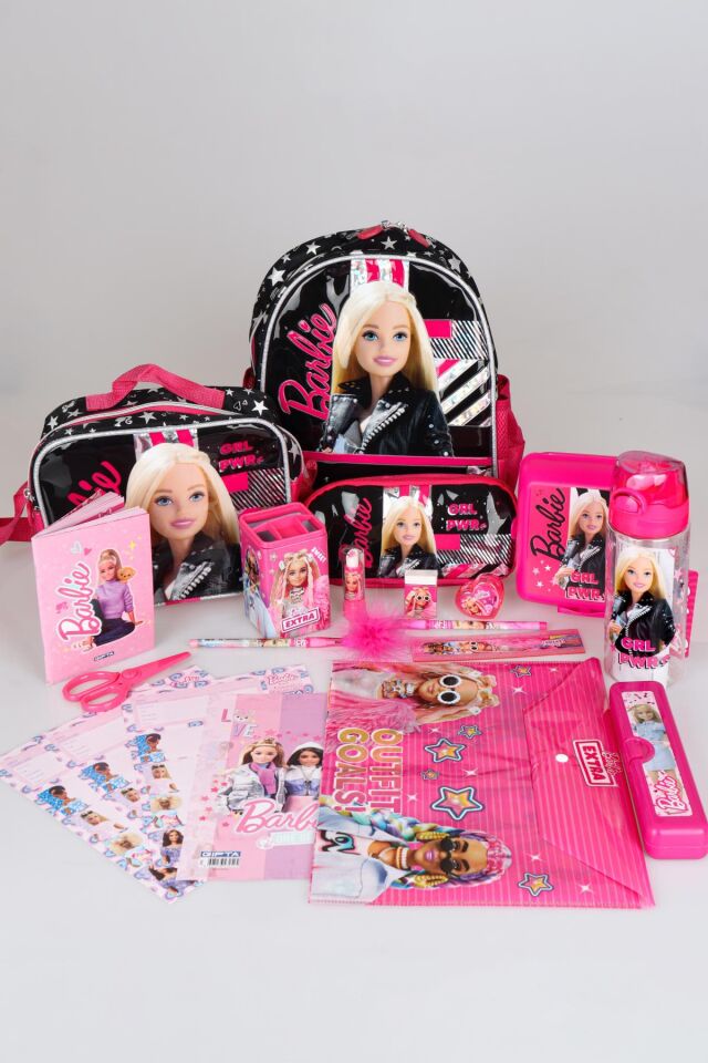 TEK BÖLMELİ KÜÇÜK BOY 32 CM LİSANSLI BARBIE GIRL POWER ANAOKUL,BESLENME VE KALEM ÇANTASI İLE 500 ML MATARA,BESLENME KABI FULL KIRTASİYE SETİ