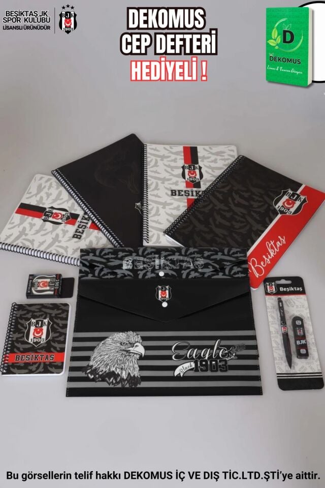 x Dekomus Lisanslı Beşiktaş 4 adet A4 Defter,Çıtçıt Dosya,Uçlu Kalem,Silgi Seti