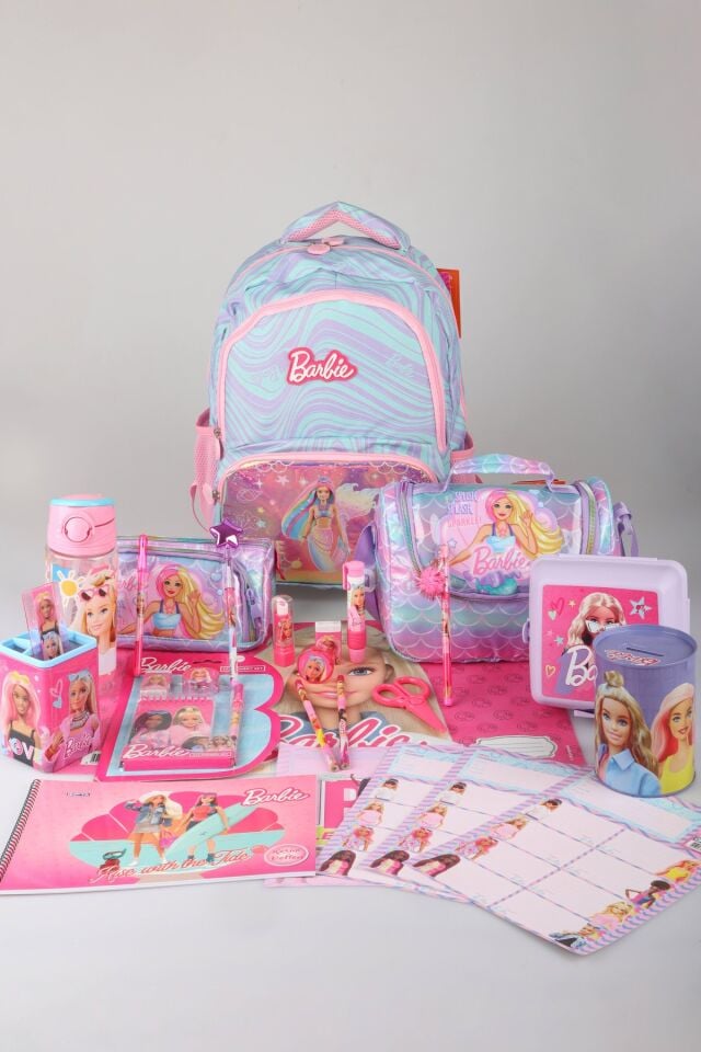 x Dekomus Lisanslı Barbie Deniz Kızı Collection Full Kırtasiye Seti Okul,Termoslu Beslenme ve Kalem Çantası,Beslenme Kabı,Matara