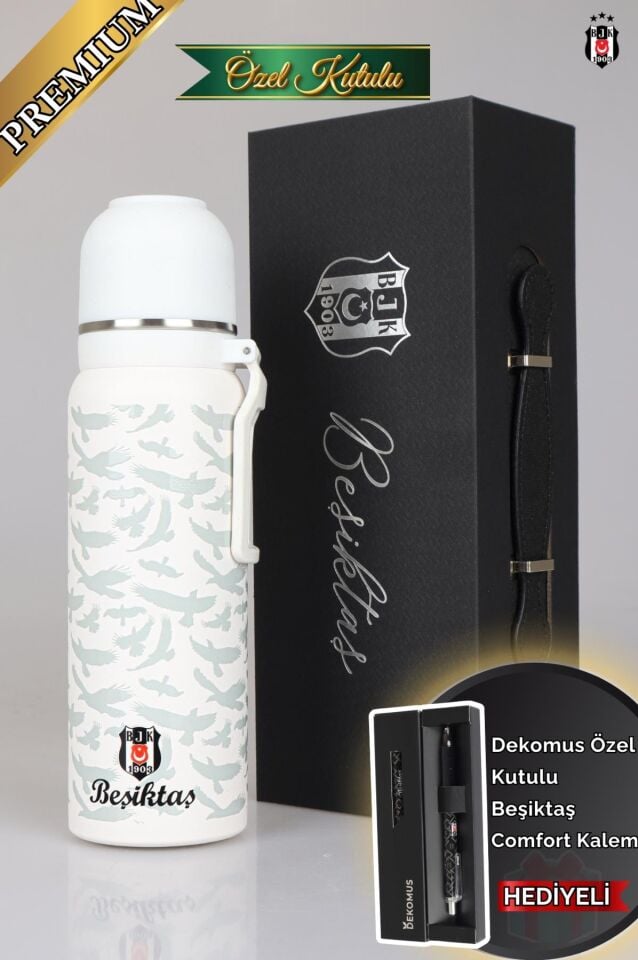 DEKOMUS İLE LİSANSLI BEŞİKTAŞ 650 ML BARDAKLI ÇELİK TERMOS ''ÖZEL KUTULU COMFORT KALEM HEDİYELİ''
