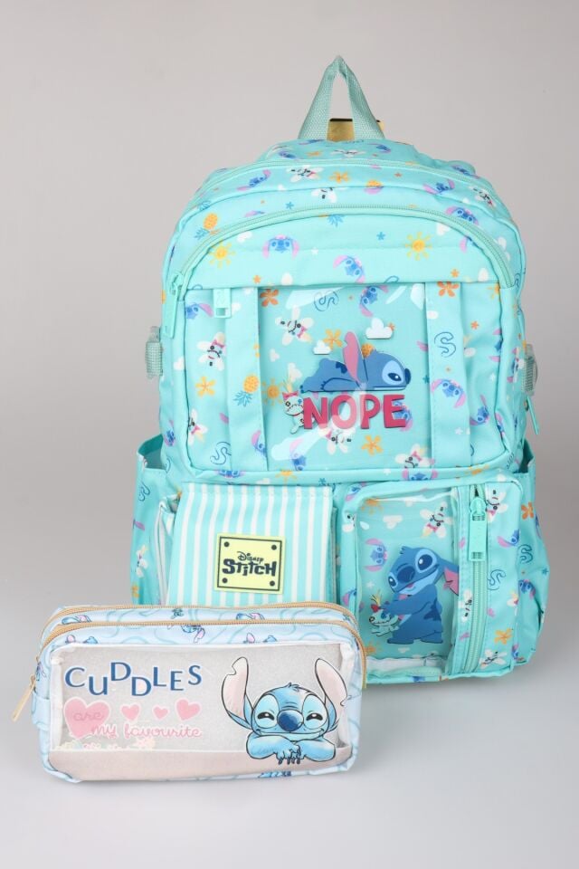 Lisanslı Stitch ''Urban Aloha Collection'' Özel Tasarım Büyük Boy Okul Çantası ve Kalem Çantası Seti