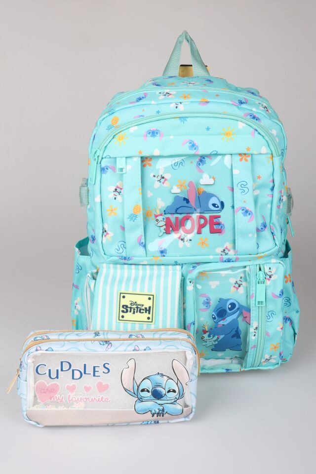 Lisanslı Stitch ''Urban Aloha Collection'' Özel Tasarım Büyük Boy Okul Çantası ve Kalem Çantası Seti