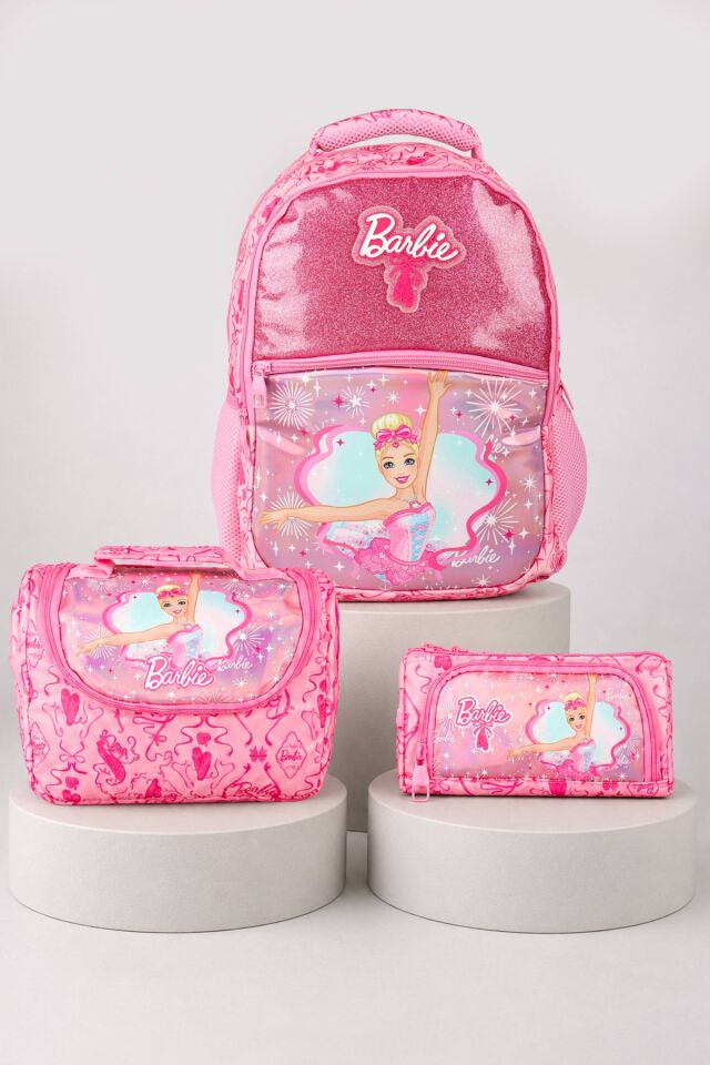 x Dekomus Lisanslı Barbie Ballerina Magic Collection Büyük Boy Okul Çantası,Termoslu Beslenme Çantası ve Kalem Çantası Seti