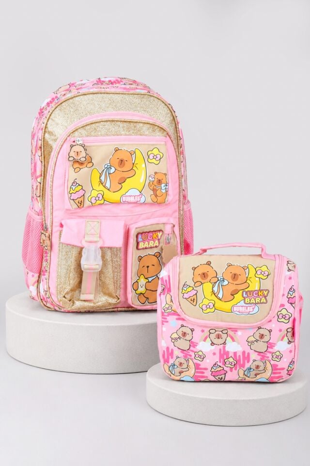x Dekomus Capybara Golden Dream Collection Büyük Boy Okul Çantası ve Beslenme Çantası Seti