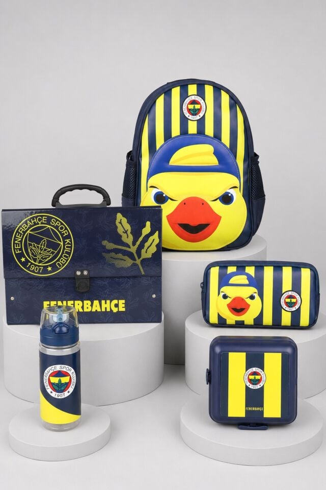 Lisanslı Fenerbahçe Yellow Collection 3D Baskılı Küçük Boy Anaokul,Saplı Klasör ve Kalem Çantası,Beslenme Kabı ve 500 Ml Matara Seti