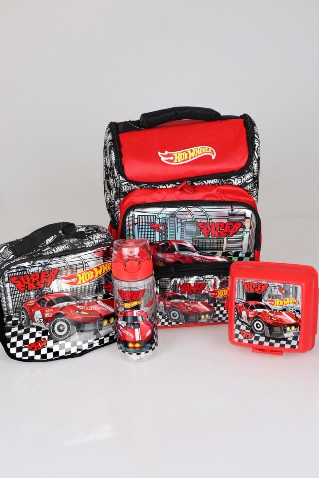 DEKOMUS İLE YENİ SEZON LİSANSLI HOT WHEELS OKUL,KALEM VE BESLENME ÇANTASI, 2 KATLI BESLENME KABI İLE 500 ML MATARA SETİ