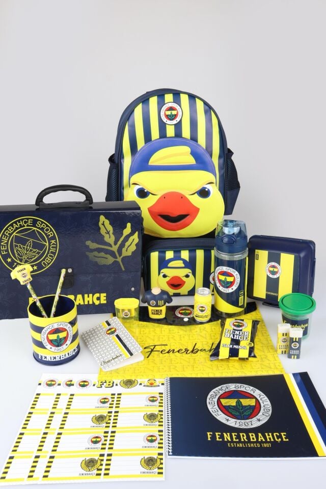 Lisanslı Fenerbahçe Yellow Collection Full Kırtasiye Seti 3D Baskılı Küçük Boy Anaokul,Saplı Klasör ve Kalem Çantası,Beslenme Kabı ve 500 Ml Matara Seti