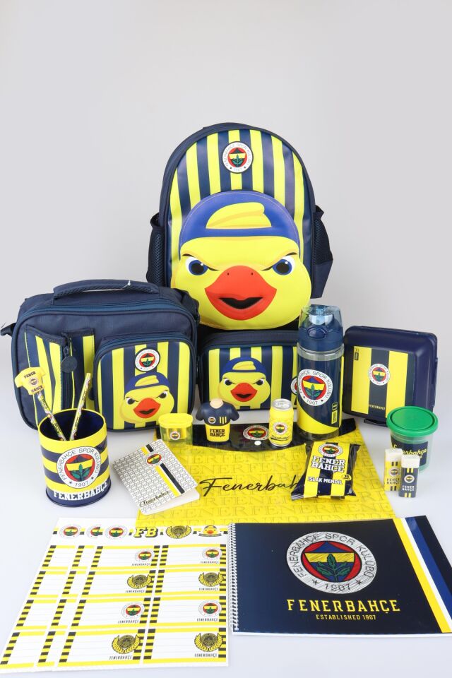 Lisanslı Fenerbahçe Yellow Collection Full Kırtasiye Seti 3D Baskılı Küçük Boy Anaokul,Beslenme ve Kalem Çantası,Beslenme Kabı ve 500 Ml Matara Seti