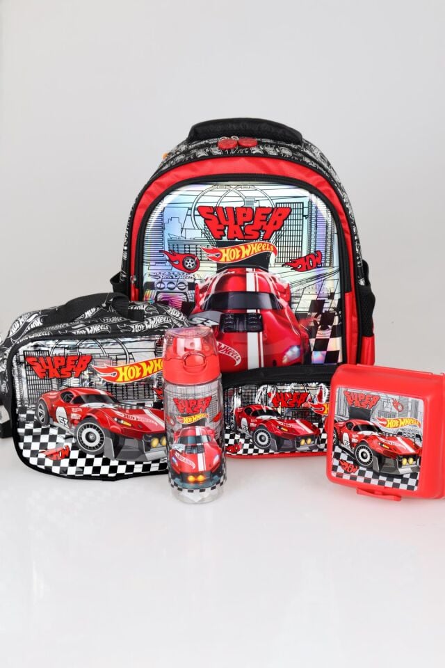 YENİ SEZON LİSANSLI HOT WHEELS OKUL,KALEM VE BESLENME ÇANTASI, 2 KATLI BESLENME KABI İLE 500 ML MATARA SETİ