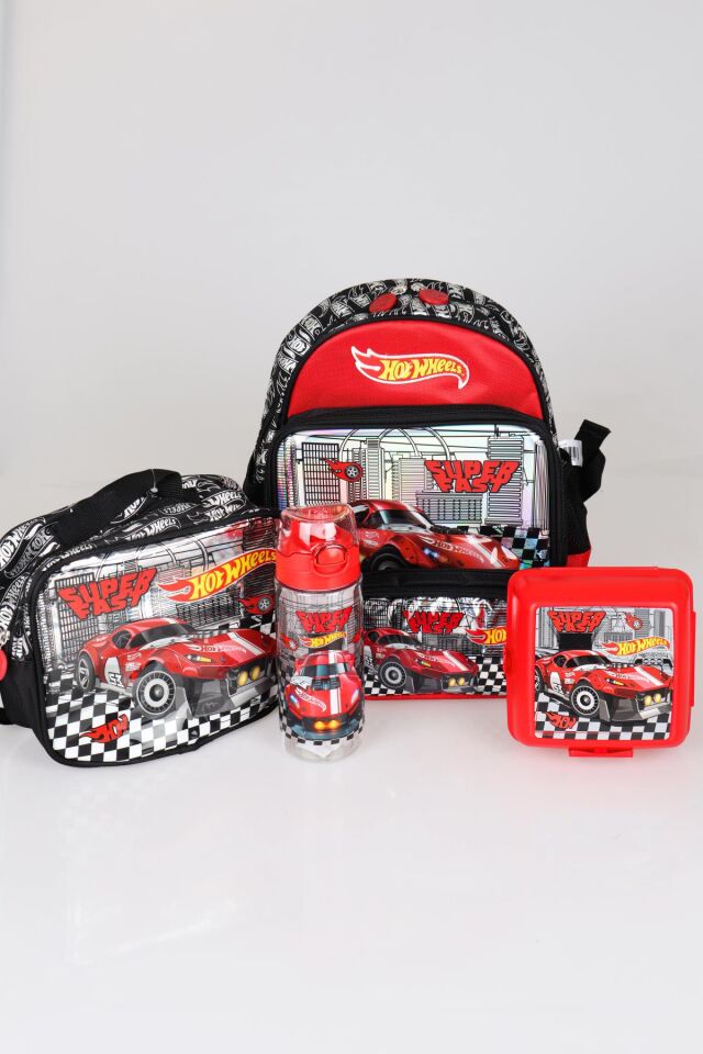 TEK BÖLMELİ KÜÇÜK BOY 32 CM HOT WHEELS ANAOKUL,KALEM VE BESLENME ÇANTASI, 2 KATLI BESLENME KABI İLE 500 ML MATARA SETİ