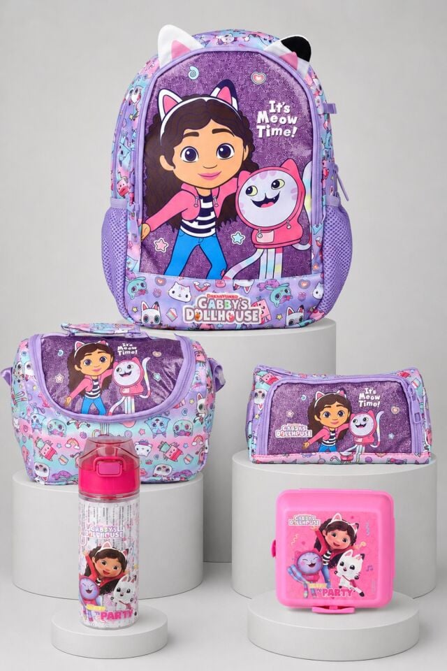 x Dekomus Lisanslı Gabby’s Dollhouse Meow Magic Collection Anaokul,Termoslu Beslenme ve Kalem Çantası,Beslenme Kabı,500 Ml Matara Seti