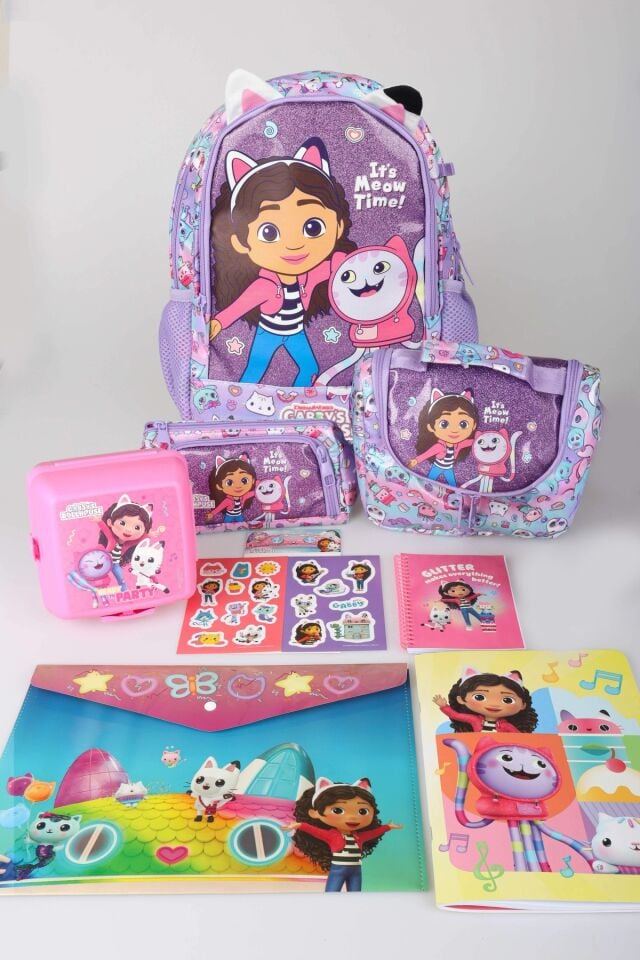 x Dekomus Lisanslı Gabby’s Dollhouse Meow Magic Collection Kırtasiye Seti Anaokul,Termoslu Beslenme ve Kalem Çantası,Beslenme Kabı