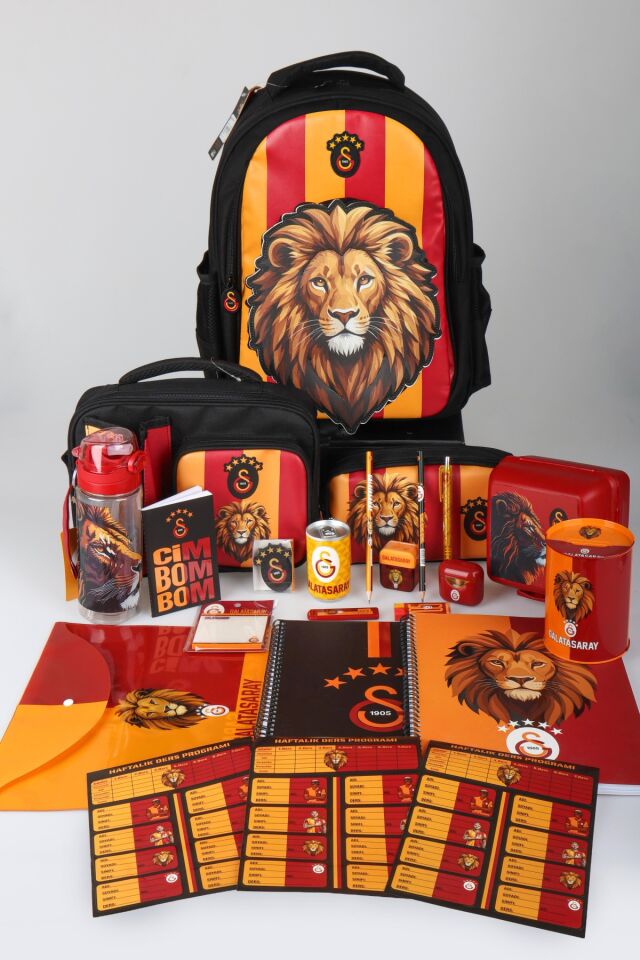x Dekomus Lisanslı Galatasaray Full Kırtasiye Seti 3D Özel Tasarım Leon Baskılı Büyük Boy Okul,Beslenme ve Kalem Çantası,Beslenme Kabı,Matara