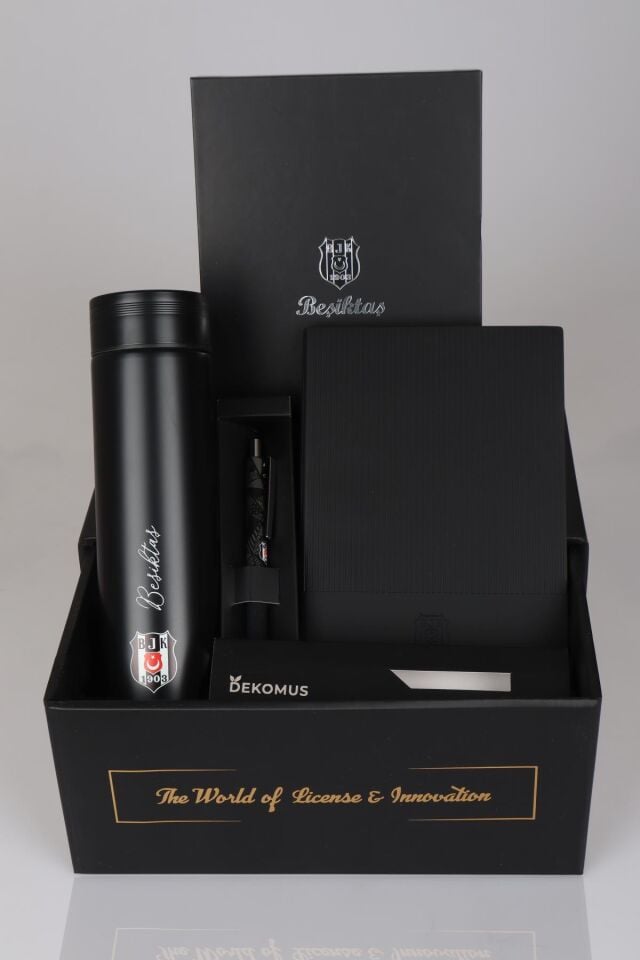 DEKOMUS İLE LİSANSLI BEŞİKTAŞ ÖZEL KUTULU PREMIUM 500 ML ÇELİK TERMOS,DERİ AJANDA,HYBRID TÜKENMEZ KALEM SETİ
