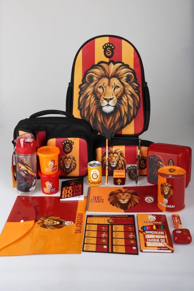 x Dekomus Lisanslı Galatasaray Full Kırtasiye Seti 3D Leon Baskılı Küçük Boy Anaokul,Beslenme ve Kalem Çantası,Beslenme Kabı,Matara