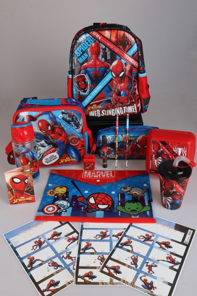 DEKOMUS İLE LİSANSLI SPIDERMAN TEK BÖLMELİ KÜÇÜK BOY 32 CM ANAOKUL,BESLENME VE KALEM ÇANTASI,MATARA,BESLENME KABI İLE FULL KIRTASİYE SETİ