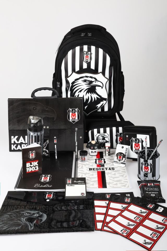 Lisanslı Beşiktaş Full Kırtasiye Seti 3D Kartal Büyük Boy Okul,Saplı Klasör Ve Kalem Çantası,Beslenme Kabı,Matara Seti