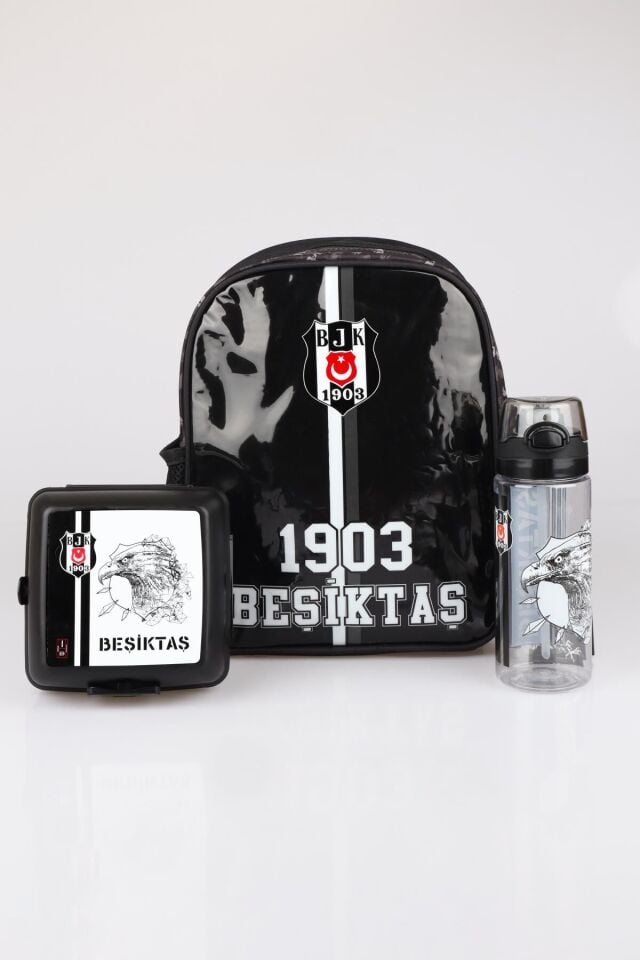 DEKOMUS İLE LİSANSLI BEŞİKTAŞ TEK BÖLMELİ KÜÇÜK BOY 32 CM ANAOKUL ÇANTASI,BESLENME KABI VE 500 ML TRITAN MATARA SETİ