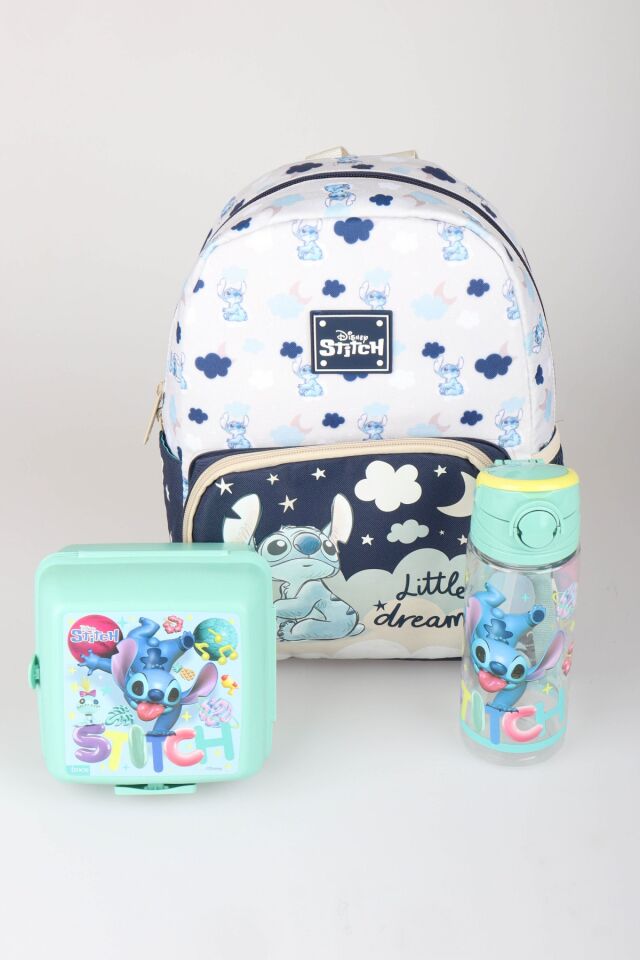 x Dekomus Lisanslı Stitch Little Dreamer Collection Tek Bölmeli Küçük Boy Anaokul Çantası,Beslenme Kabı ve Matara Seti
